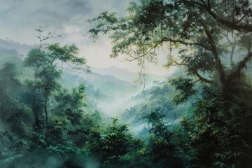 A beautiful morning mist rainforest nature tranquility backgrounds.