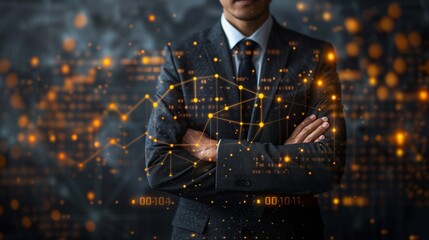 Confident Businessman with crossed arms and a graph for a torso, showcasing a data-driven approach to business	