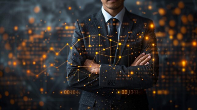 Confident Businessman with crossed arms and a graph for a torso, showcasing a data-driven approach to business	