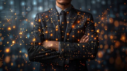 Confident Businessman with crossed arms and a graph for a torso, showcasing a data-driven approach to business 