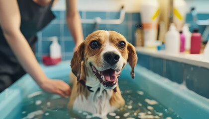 A dog is sitting in a bathtub with bubbles and water