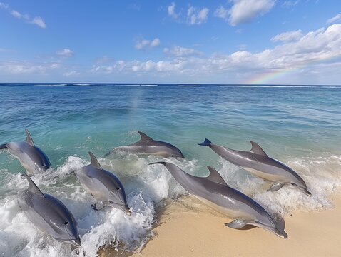 A group of dolphins are swimming in the ocean. The water is blue and the sky is clear