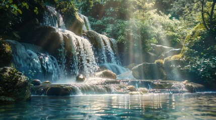 Waterfall with Sunbeams and Cascading Water over Rocks
