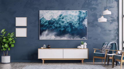 Blue ocean waves crashing against a rocky coast, with white foam and a dark blue background, in a contemporary living room with a blue wall, white furniture, and green plants. - Powered by Adobe