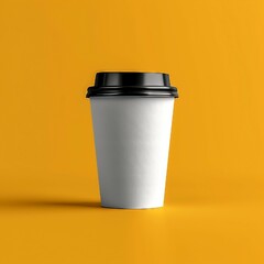 Paper white coffee cup with black lid mockup on yellow background. AI generate illustration