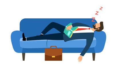 Tired exhausted businessman sleeping on sofa after work in flat design. - obrazy, fototapety, plakaty