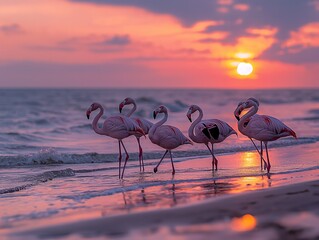 A group of flamingos are walking on the beach at sunset. The sky is a beautiful mix of pink and orange hues, creating a serene and peaceful atmosphere. The flamingos are scattered along the shoreline