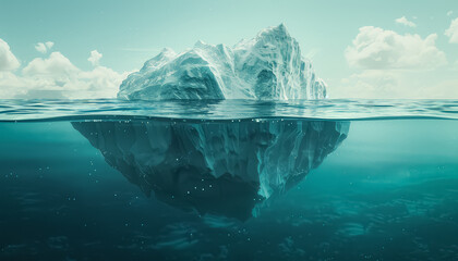 A computer generated image of a large iceberg with mountains in the background