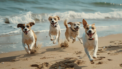 A group of dogs are running on the beach