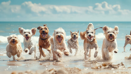 A group of dogs are running on the beach
