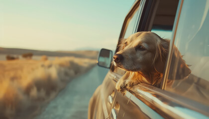 A dog is sitting in a car window, looking out at the road