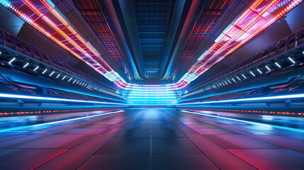 Futuristic empty racetrack with glowing neon lights in blue and red colors, 3d illustration - obrazy, fototapety, plakaty