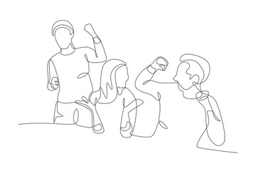 The team was shocked when they were told they were successful. Team celebrating success concept one-line drawing