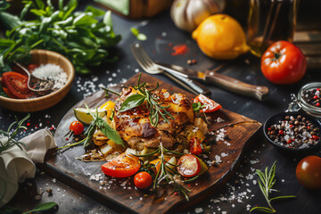 Rustic still life of grilled chicken breast with vegetables and herbs on a wooden board