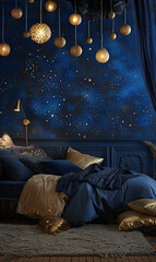 Dark blue and gold bedroom decorated with stars, lanterns, and paper balls hanging from the ceiling