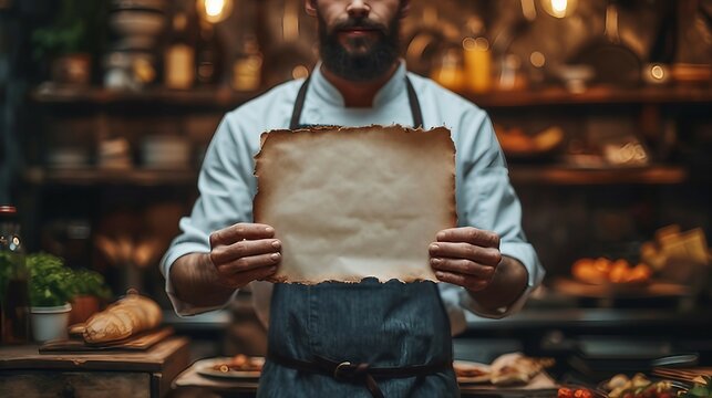 A blank restaurant menu held by a waiter. AI generate illustration
