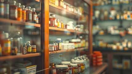 Fototapeta premium A pharmacy with many bottles and jars on the shelves
