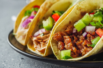 set of delicious juicy tacos on a light stone background