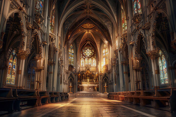 Fototapeta na wymiar Imposing gothic cathedral interior with stained glass windows in golden light