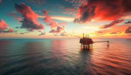 A large oil rig is floating in the ocean at sunset