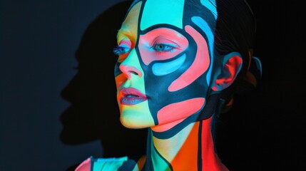 portrait of a woman in painted mask on black background