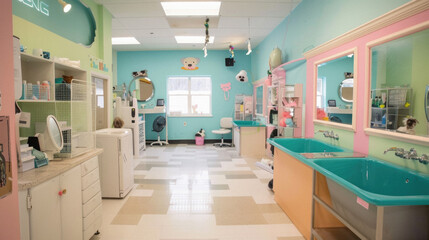 A brightly colored room with a pink and green wall