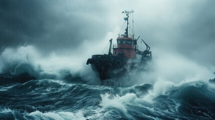 a tugboat in sea storm trying to escape a typhoon