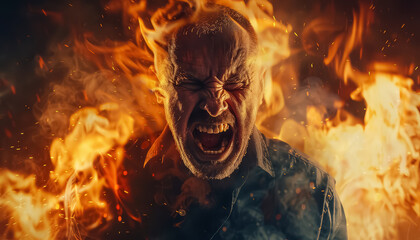 A man with glasses and a beard is screaming in front of a fire