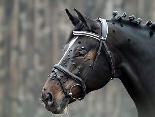 A horse with a black bridle and a white stripe on its face - obrazy, fototapety, plakaty