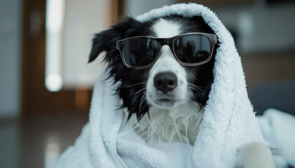 A dog is wearing sunglasses and a towel