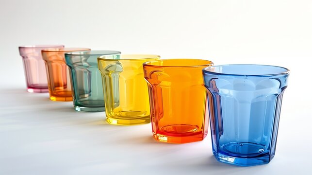Different collors glass cups on white background