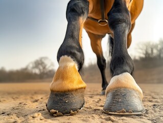 The front legs of a horse with a brown and black coat. The hooves are visible, and the horse appears to be standing on a sandy surface - obrazy, fototapety, plakaty
