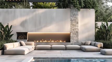 Outdoor lounge area with modern furniture and fireplace, surrounded by garden with tropical plants and trees