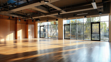 A large, empty room with a lot of windows and a wooden floor