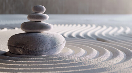 Pebbles stacked in a Zen garden with patterns in the sand.
