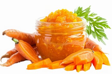 jar of mixed carrot and mango relish on white