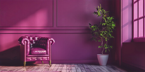 Armchair and potted plant in a pink room, pink walls, pink leather armchair, white plant pot, wooden floor, large window, minimalist interior design, 3d illustration