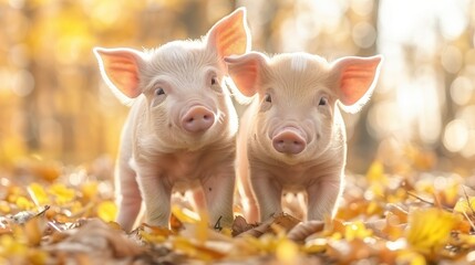 Piglets explore their surroundings with curiosity and playfulness, their joyful antics reflecting the harmony between animals and nature on an ecological farm 