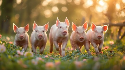Piglets explore their surroundings with curiosity and playfulness, their joyful antics reflecting the harmony between animals and nature on an ecological farm 