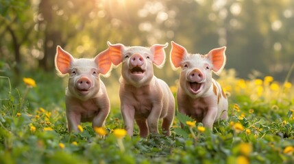 Piglets snuggle together in a cozy straw-filled shelter, sheltered from the elements and surrounded by the sights and sounds of nature, illustrating the comfort and welfare provided by ecological farm