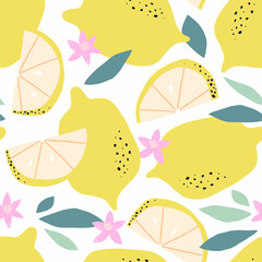 Summer seamless pattern with yellow lemons, flowers and leaves. Fruit repeated background. - 795190788