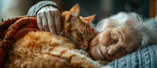 Naklejka na ściany i meble Cute smiling old grandma cuddling with her cat at home. Pets for elderly lonely people, love and affection.