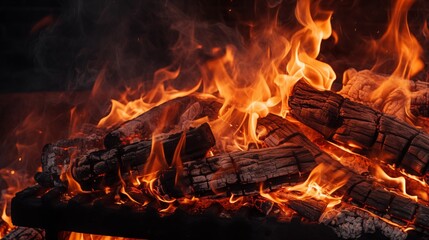 Charcoal For Barbecue Background With Flames.