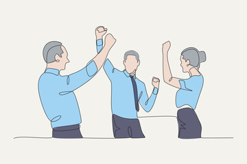 The successful team is celebrating by raising their hands. Colored. Team celebrating success concept one-line drawing