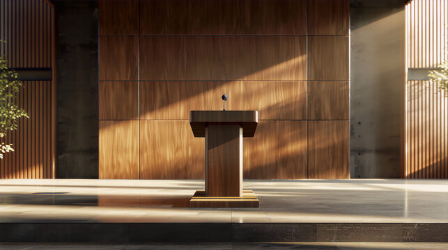 An empty wooden podium stands on a stage with a wooden wall and concrete floor in the background, illuminated by a warm light.