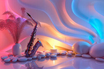 Music 3D background. Surreal Saxophone Dreamscape.