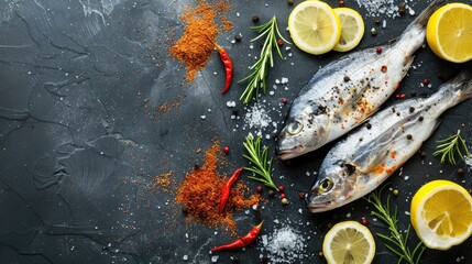 Raw fish with spices herbs and lemon on the background