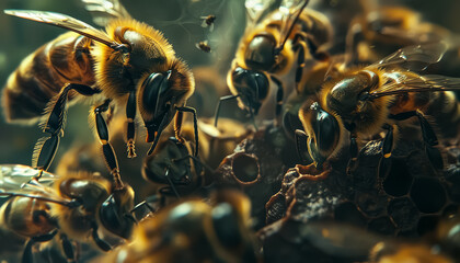 A group of bees are gathered around a piece of food