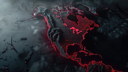A realistic cinematic real life photo OF A map of the continent of NORTH AMERICA outlined IN RED