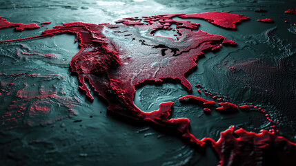 A realistic cinematic real life photo OF A map of the continent of NORTH AMERICA outlined IN RED